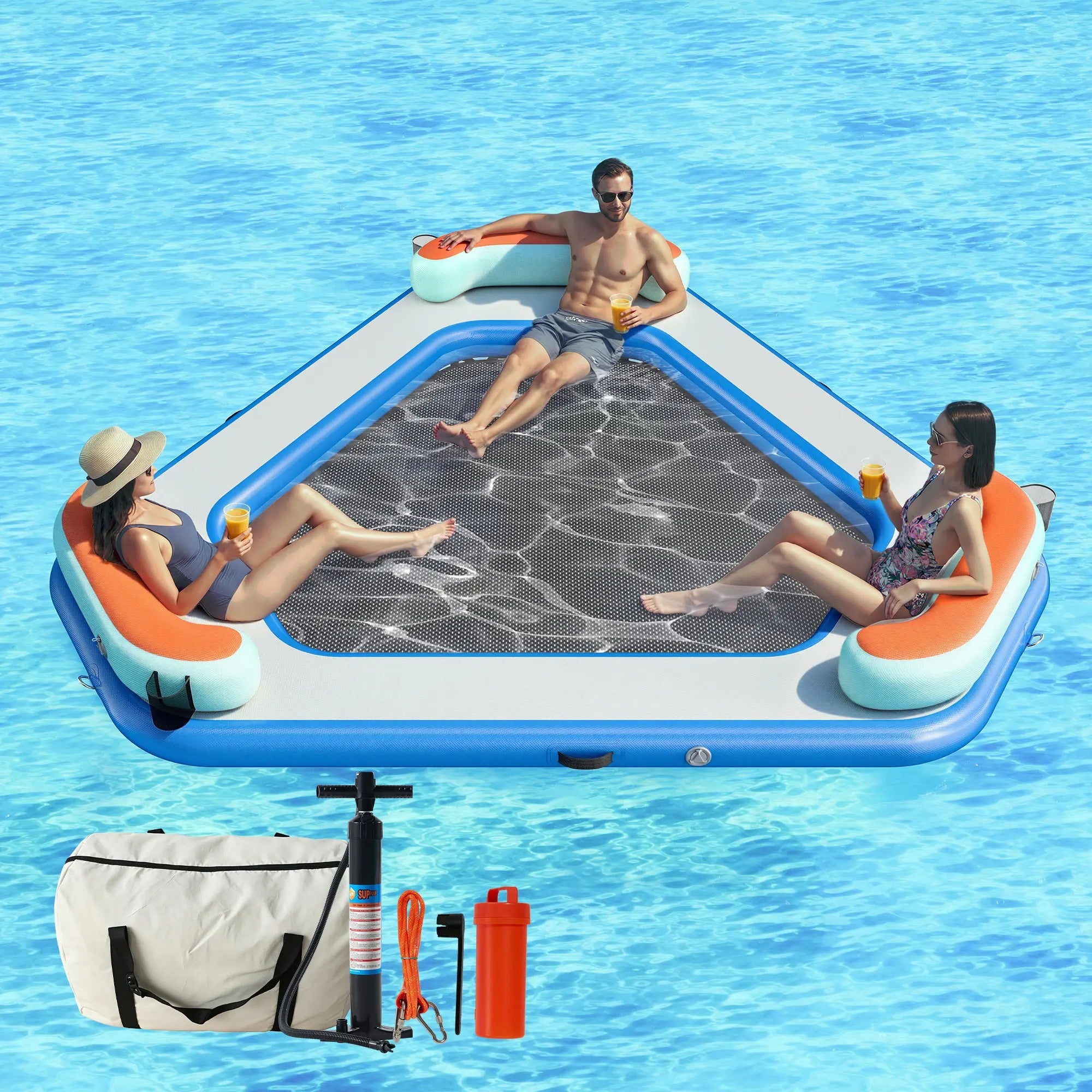AMERLIFE 8FT/10FT/12FT Hexagon/Circle/Triangle Inflatable Water Hammock for Adults, Fun for Kids Ages 3+, Floating Raft Dock Platform with Mesh, Heavy Duty Water Float Dock for Lake, Beach, Summer Party