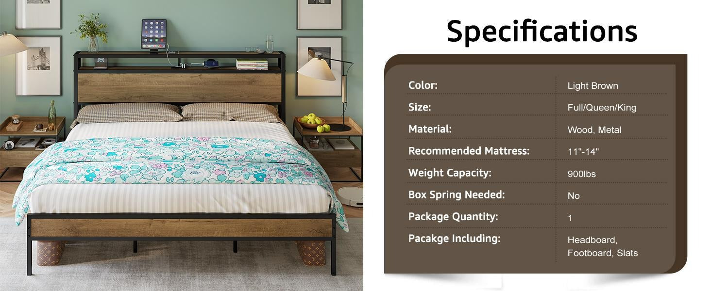 AMERLIFE Industrial Full /Queen/King Size Bed Frame, Rustic Metal Bed Frame with 2-Tier Storage Headboard and Charging Station, No Box Spring Needed/No Mattress/Small Unique Home Furniture Room/Best Gift Ideas/Christmas Gifts
