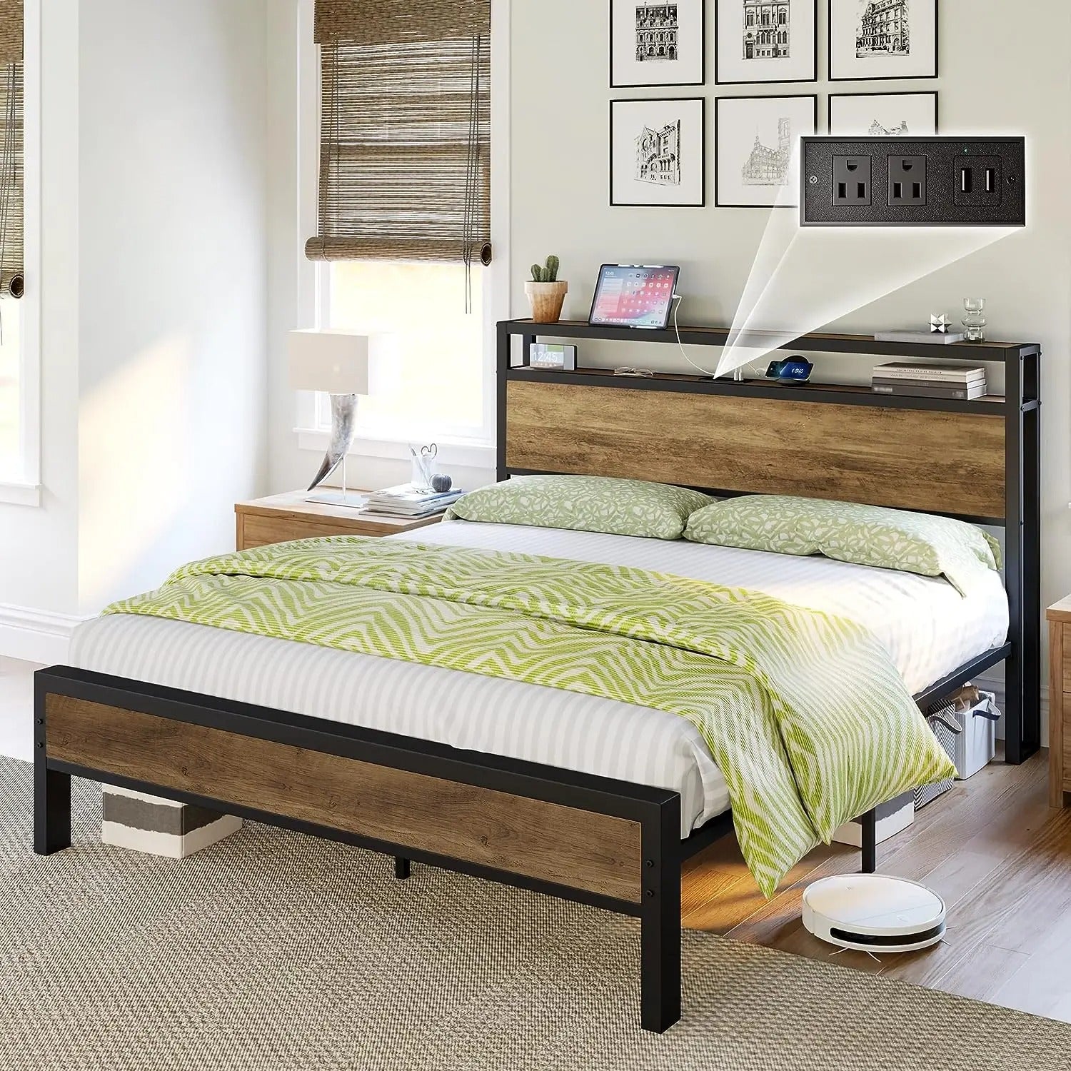 AMERLIFE Industrial Full /Queen/King Size Bed Frame, Rustic Metal Bed Frame with 2-Tier Storage Headboard and Charging Station, No Box Spring Needed/No Mattress/Small Unique Home Furniture Room/Best Gift Ideas/Christmas Gifts