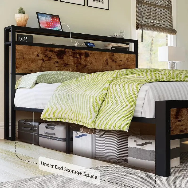 AMERLIFE Industrial Full /Queen/King Size Bed Frame, Rustic Metal Bed Frame with 2-Tier Storage Headboard and Charging Station, No Box Spring Needed/No Mattress/Small Unique Home Furniture Room/Best Gift Ideas/Christmas Gifts