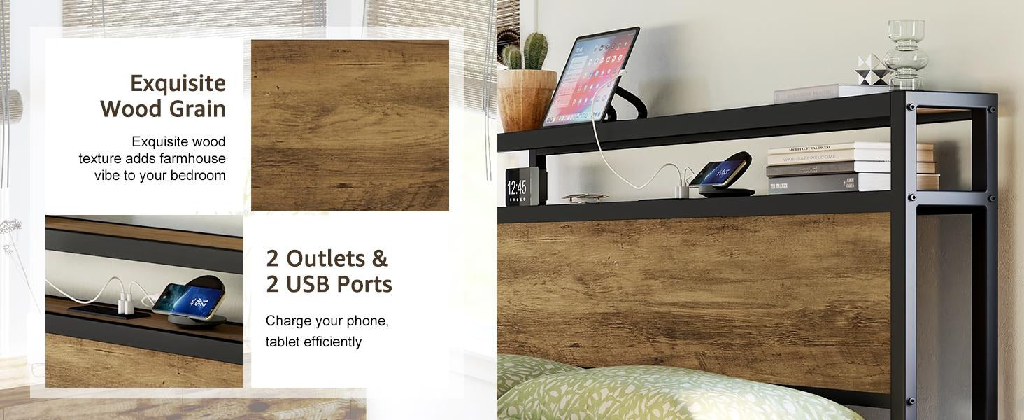 AMERLIFE Industrial Full /Queen/King Size Bed Frame, Rustic Metal Bed Frame with 2-Tier Storage Headboard and Charging Station, No Box Spring Needed/No Mattress/Small Unique Home Furniture Room/Best Gift Ideas/Christmas Gifts