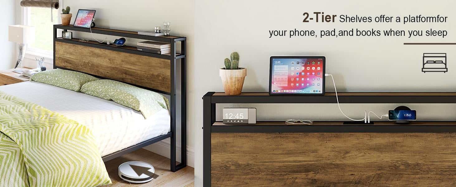 AMERLIFE Industrial Full /Queen/King Size Bed Frame, Rustic Metal Bed Frame with 2-Tier Storage Headboard and Charging Station, No Box Spring Needed/No Mattress/Small Unique Home Furniture Room/Best Gift Ideas/Christmas Gifts