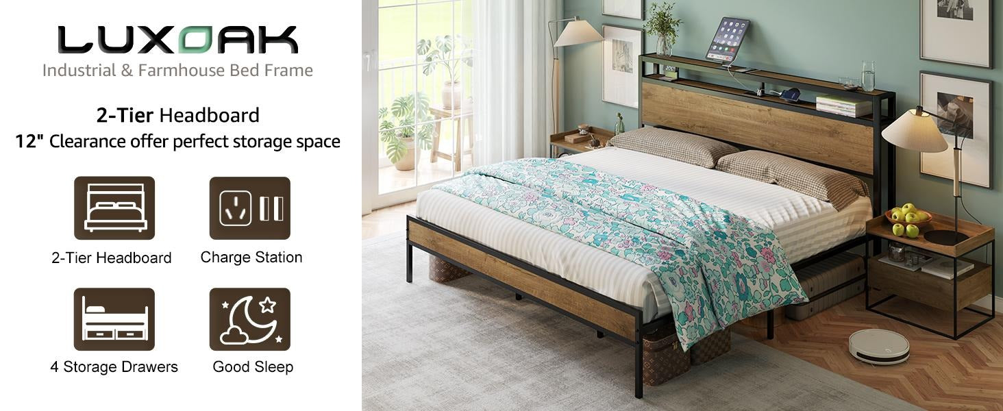 AMERLIFE Industrial Full /Queen/King Size Bed Frame, Rustic Metal Bed Frame with 2-Tier Storage Headboard and Charging Station, No Box Spring Needed/No Mattress/Small Unique Home Furniture Room/Best Gift Ideas/Christmas Gifts