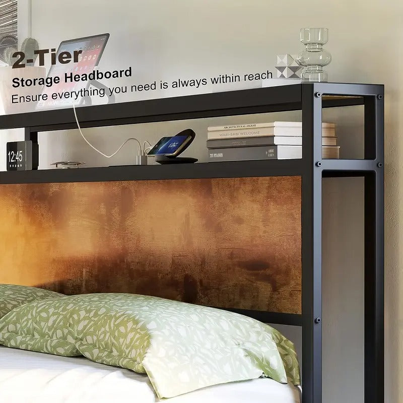 AMERLIFE Industrial Full /Queen/King Size Bed Frame, Rustic Metal Bed Frame with 2-Tier Storage Headboard and Charging Station, No Box Spring Needed/No Mattress/Small Unique Home Furniture Room/Best Gift Ideas/Christmas Gifts