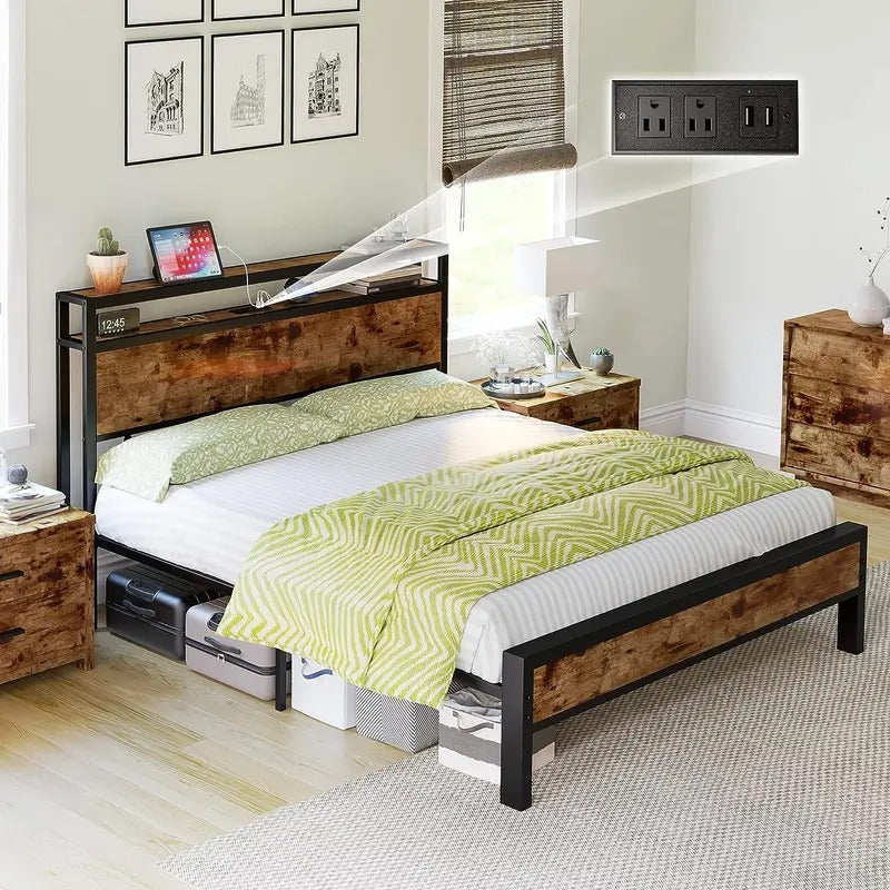 AMERLIFE Industrial Full /Queen/King Size Bed Frame, Rustic Metal Bed Frame with 2-Tier Storage Headboard and Charging Station, No Box Spring Needed/No Mattress/Small Unique Home Furniture Room/Best Gift Ideas/Christmas Gifts