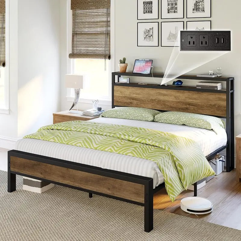AMERLIFE Industrial Full /Queen/King Size Bed Frame, Rustic Metal Bed Frame with 2-Tier Storage Headboard and Charging Station, No Box Spring Needed/No Mattress/Small Unique Home Furniture Room/Best Gift Ideas/Christmas Gifts
