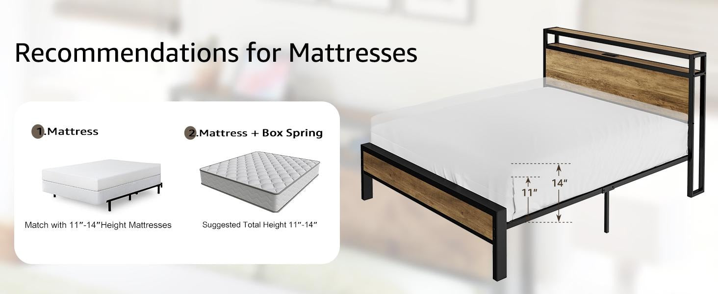 AMERLIFE Industrial Full /Queen/King Size Bed Frame, Rustic Metal Bed Frame with 2-Tier Storage Headboard and Charging Station, No Box Spring Needed/No Mattress/Small Unique Home Furniture Room/Best Gift Ideas/Christmas Gifts