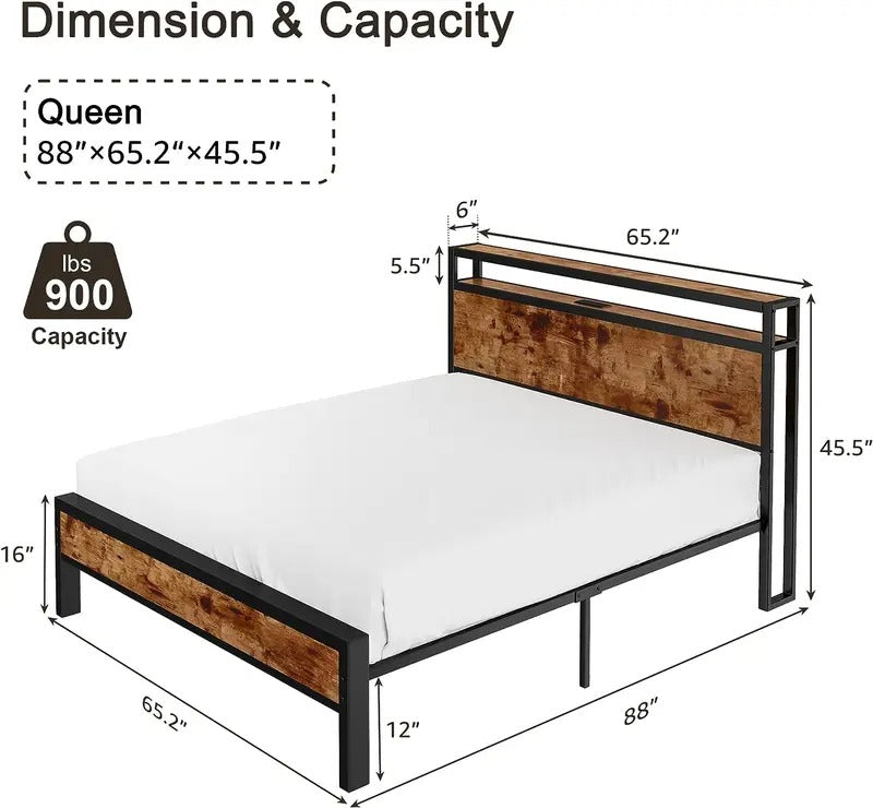 AMERLIFE Industrial Full /Queen/King Size Bed Frame, Rustic Metal Bed Frame with 2-Tier Storage Headboard and Charging Station, No Box Spring Needed/No Mattress/Small Unique Home Furniture Room/Best Gift Ideas/Christmas Gifts