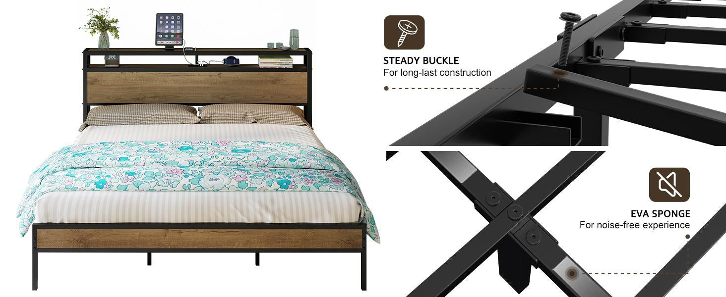AMERLIFE Industrial Full /Queen/King Size Bed Frame, Rustic Metal Bed Frame with 2-Tier Storage Headboard and Charging Station, No Box Spring Needed/No Mattress/Small Unique Home Furniture Room/Best Gift Ideas/Christmas Gifts