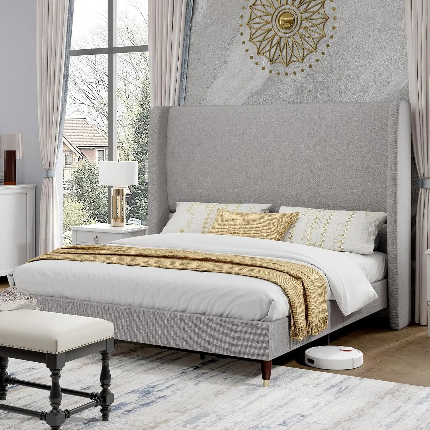 AMERLIFE Platform Bed Frame with 51.2" Tall Headboard, Upholstered Bed with Wingback/Solid Wood Legs/Durability&Silent /No Box Spring Required, Furniture/Full/Queen/King/Bed with Reinforced Structure&Complete Hardware Kit