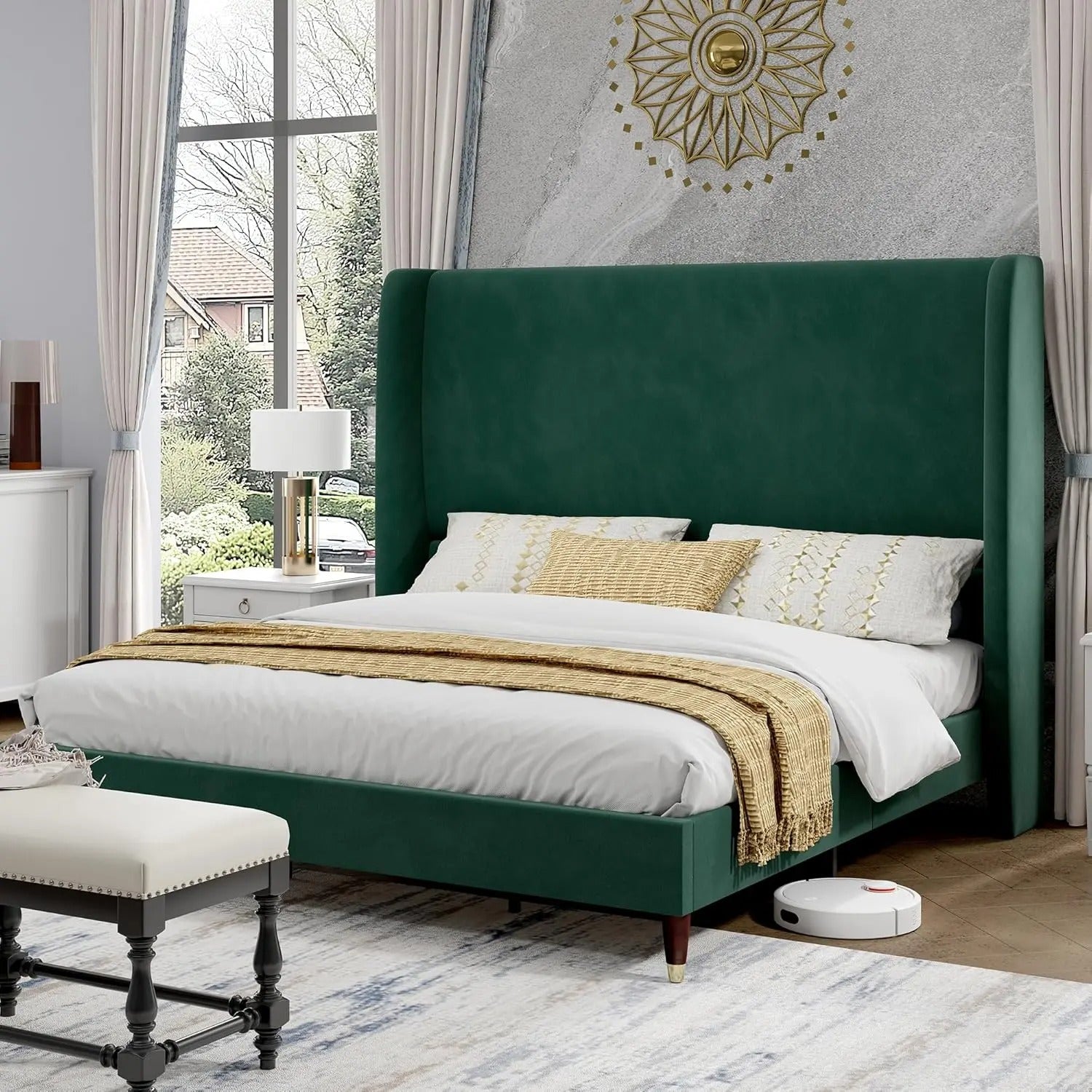 AMERLIFE Platform Bed Frame with 51.2" Tall Headboard, Upholstered Bed with Wingback/Solid Wood Legs/Durability&Silent /No Box Spring Required, Furniture/Full/Queen/King/Bed with Reinforced Structure&Complete Hardware Kit