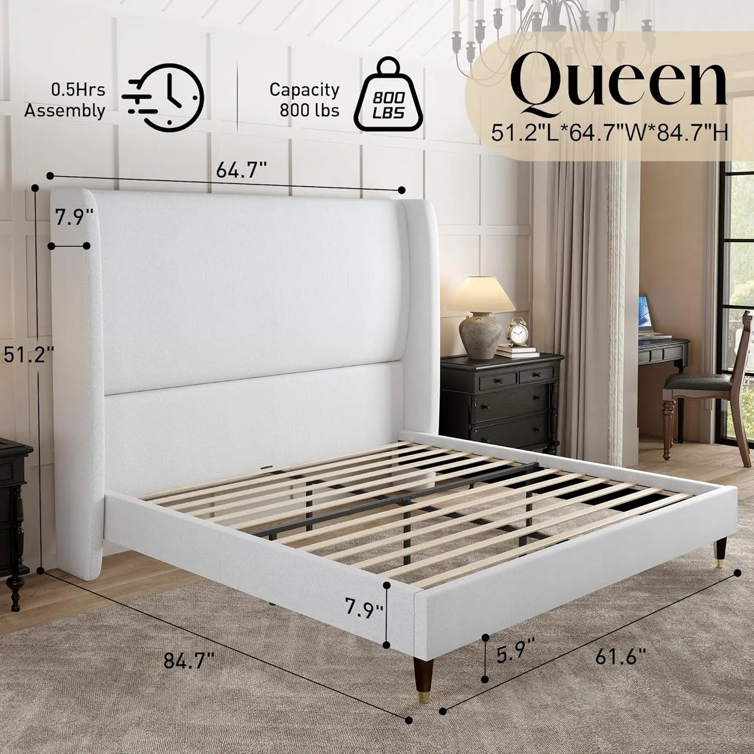 AMERLIFE Platform Bed Frame with 51.2" Tall Headboard, Upholstered Bed with Wingback/Solid Wood Legs/Durability&Silent /No Box Spring Required, Furniture/Full/Queen/King/Bed with Reinforced Structure&Complete Hardware Kit