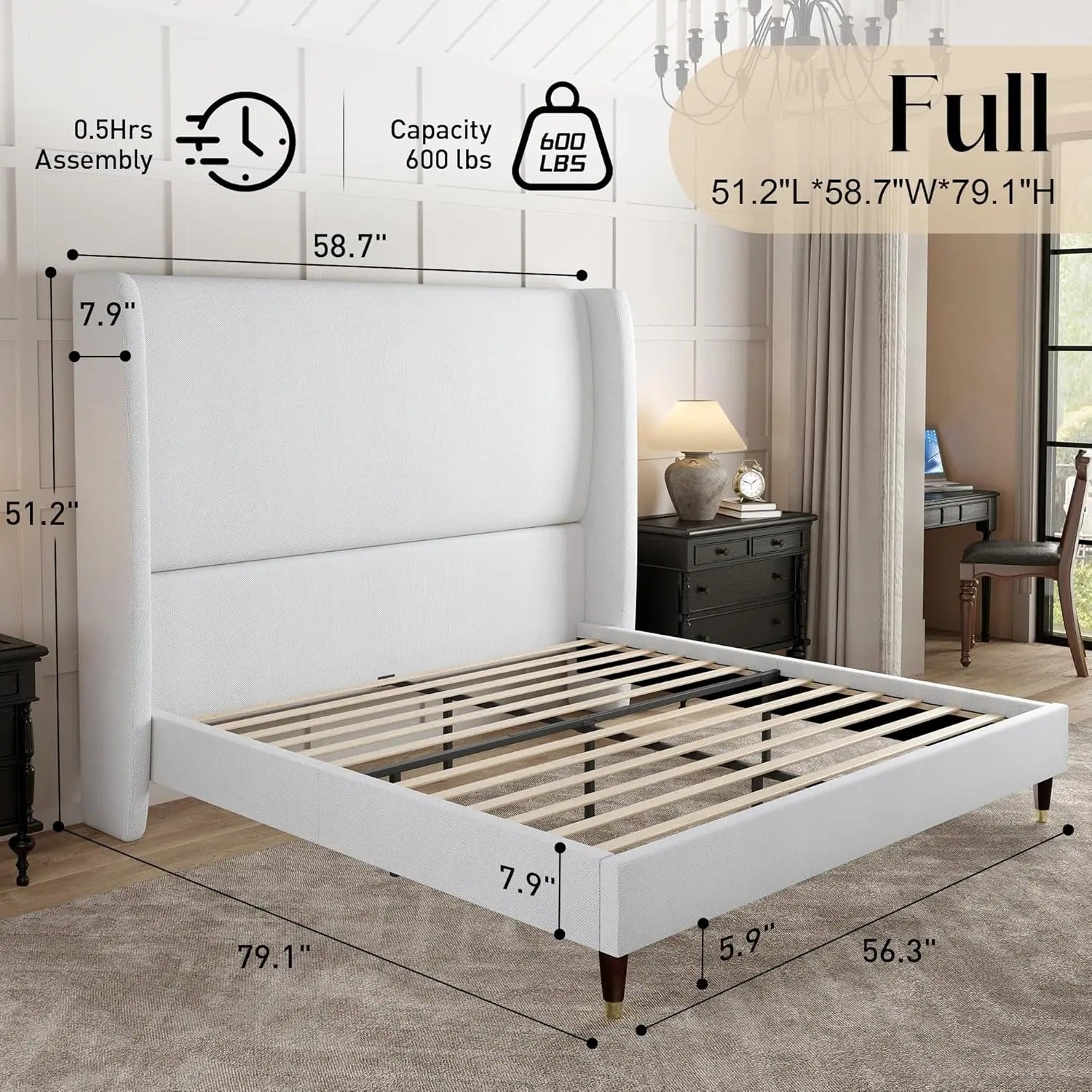 AMERLIFE Platform Bed Frame with 51.2" Tall Headboard, Upholstered Bed with Wingback/Solid Wood Legs/Durability&Silent /No Box Spring Required, Furniture/Full/Queen/King/Bed with Reinforced Structure&Complete Hardware Kit