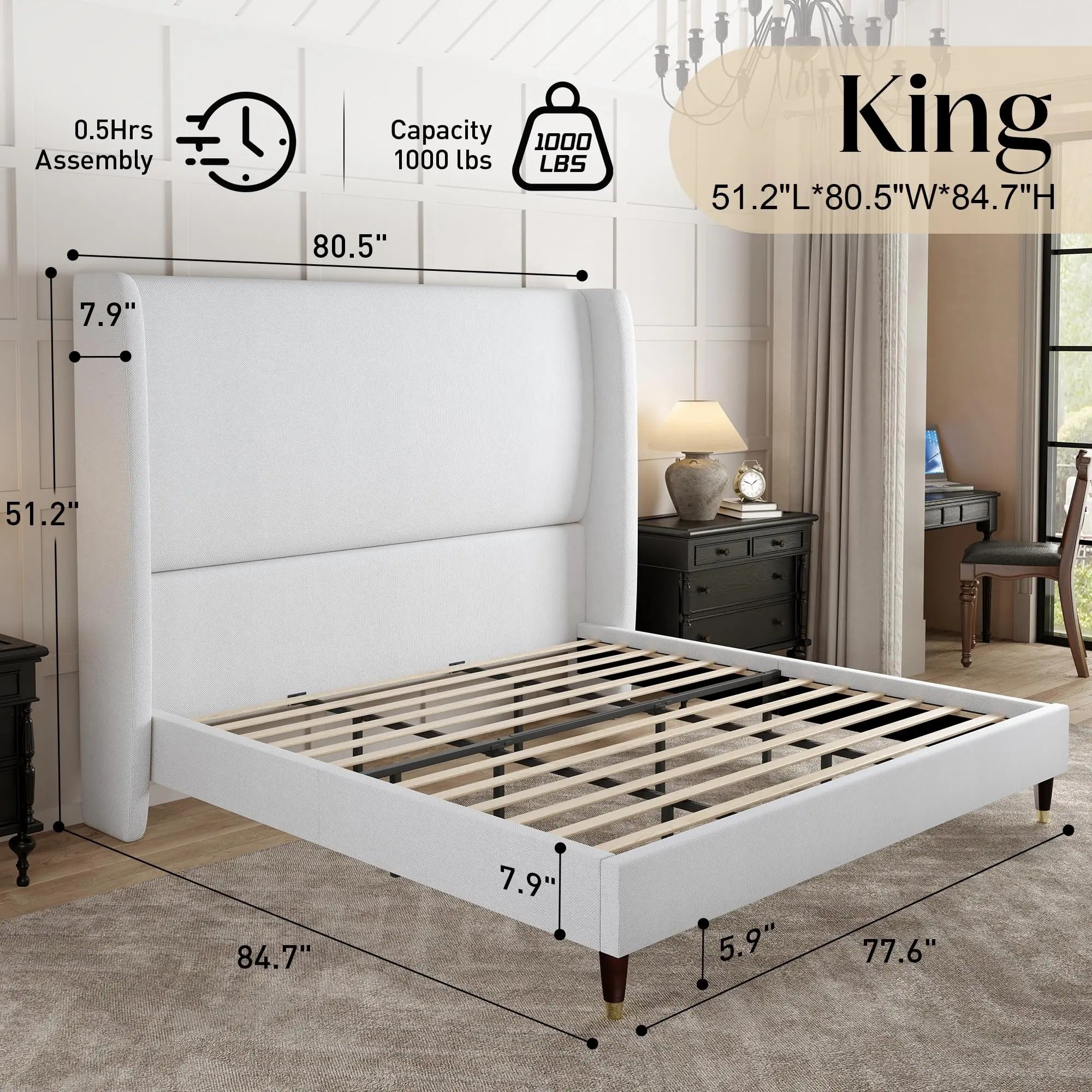 AMERLIFE Platform Bed Frame with 51.2" Tall Headboard, Upholstered Bed with Wingback/Solid Wood Legs/Durability&Silent /No Box Spring Required, Furniture/Full/Queen/King/Bed with Reinforced Structure&Complete Hardware Kit