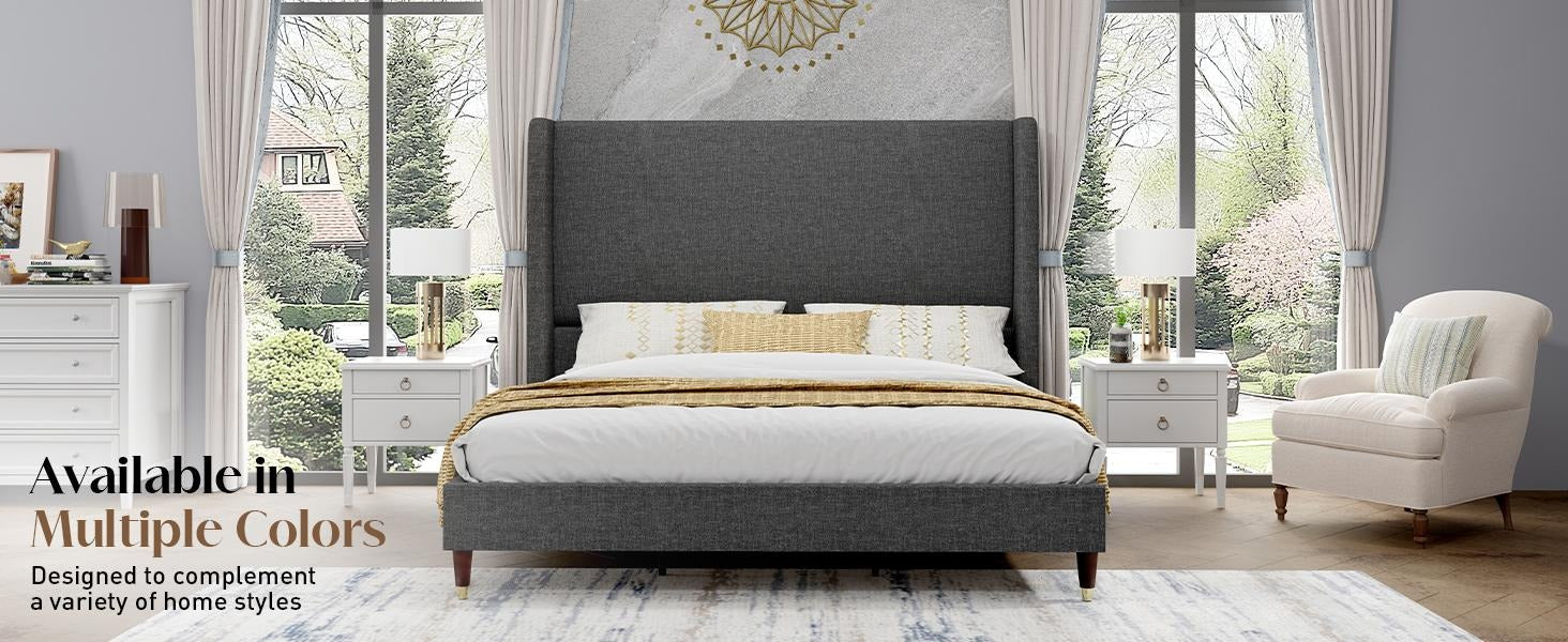 AMERLIFE Platform Bed Frame with 51.2" Tall Headboard, Upholstered Bed with Wingback/Solid Wood Legs/Durability&Silent /No Box Spring Required, Furniture/Full/Queen/King/Bed with Reinforced Structure&Complete Hardware Kit
