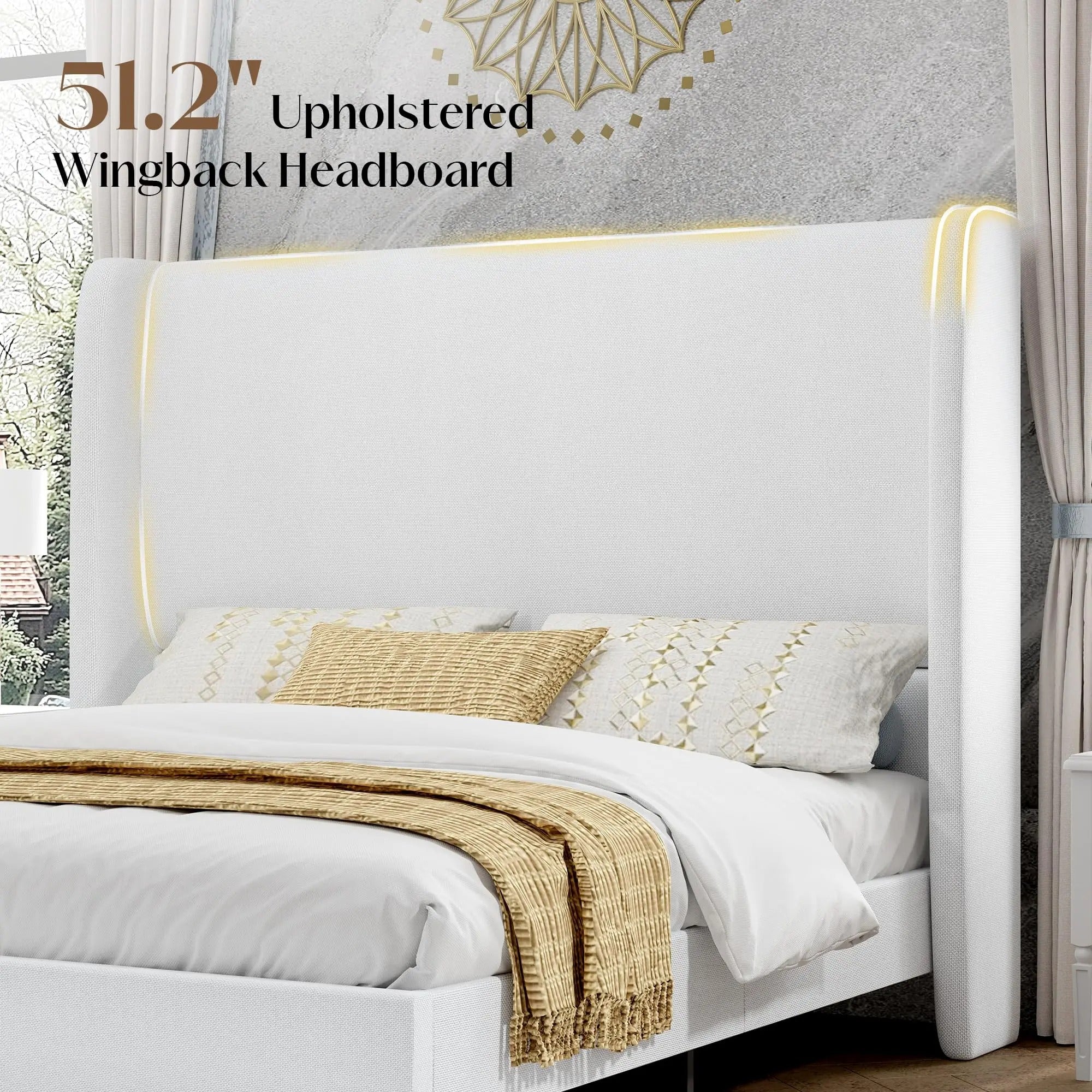 AMERLIFE Platform Bed Frame with 51.2" Tall Headboard, Upholstered Bed with Wingback/Solid Wood Legs/Durability&Silent /No Box Spring Required, Furniture/Full/Queen/King/Bed with Reinforced Structure&Complete Hardware Kit