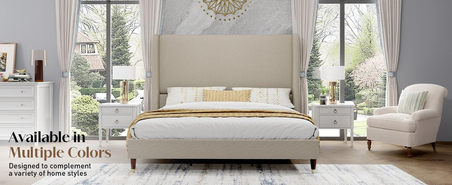 AMERLIFE Platform Bed Frame with 51.2" Tall Headboard, Upholstered Bed with Wingback/Solid Wood Legs/Durability&Silent /No Box Spring Required, Furniture/Full/Queen/King/Bed with Reinforced Structure&Complete Hardware Kit