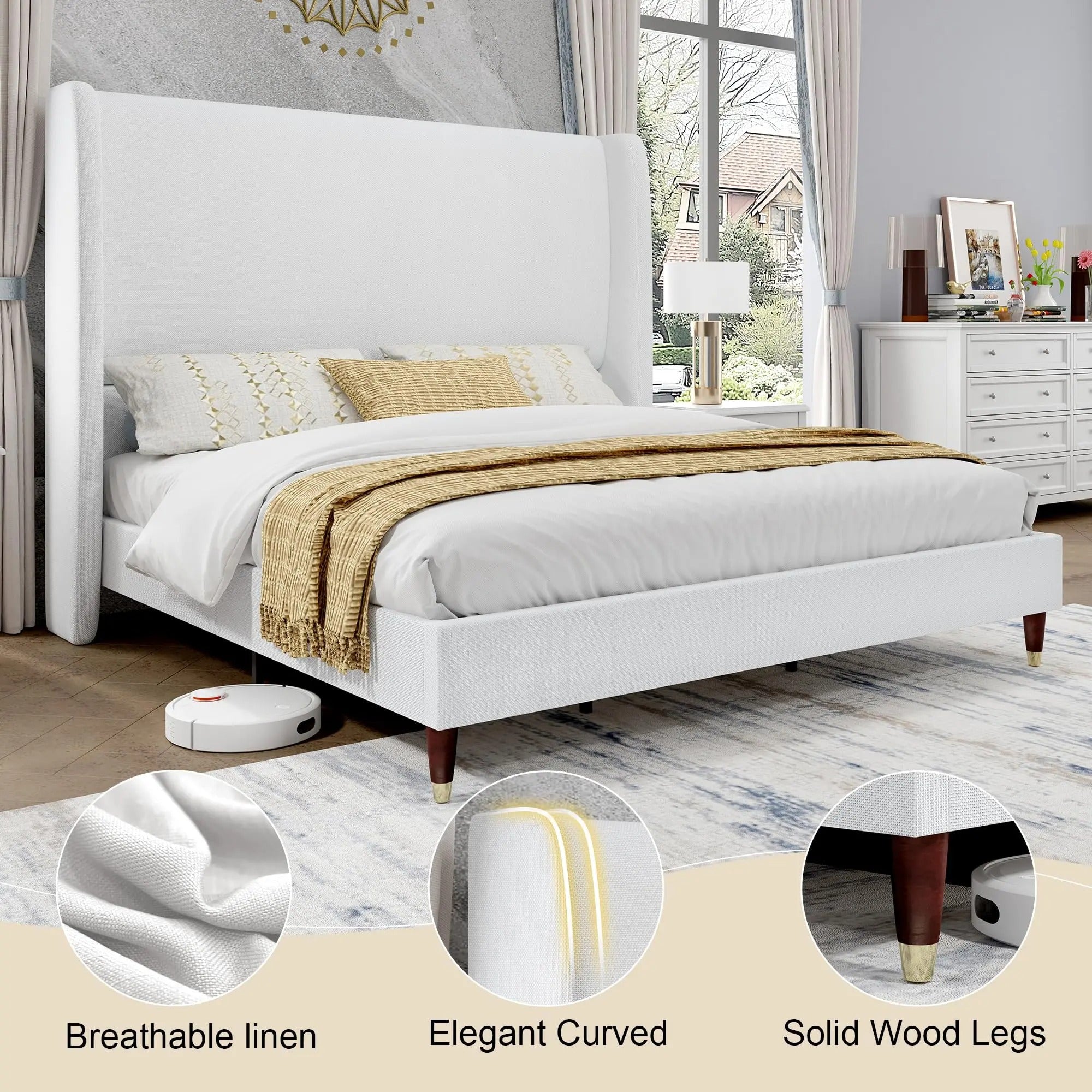 AMERLIFE Platform Bed Frame with 51.2" Tall Headboard, Upholstered Bed with Wingback/Solid Wood Legs/Durability&Silent /No Box Spring Required, Furniture/Full/Queen/King/Bed with Reinforced Structure&Complete Hardware Kit