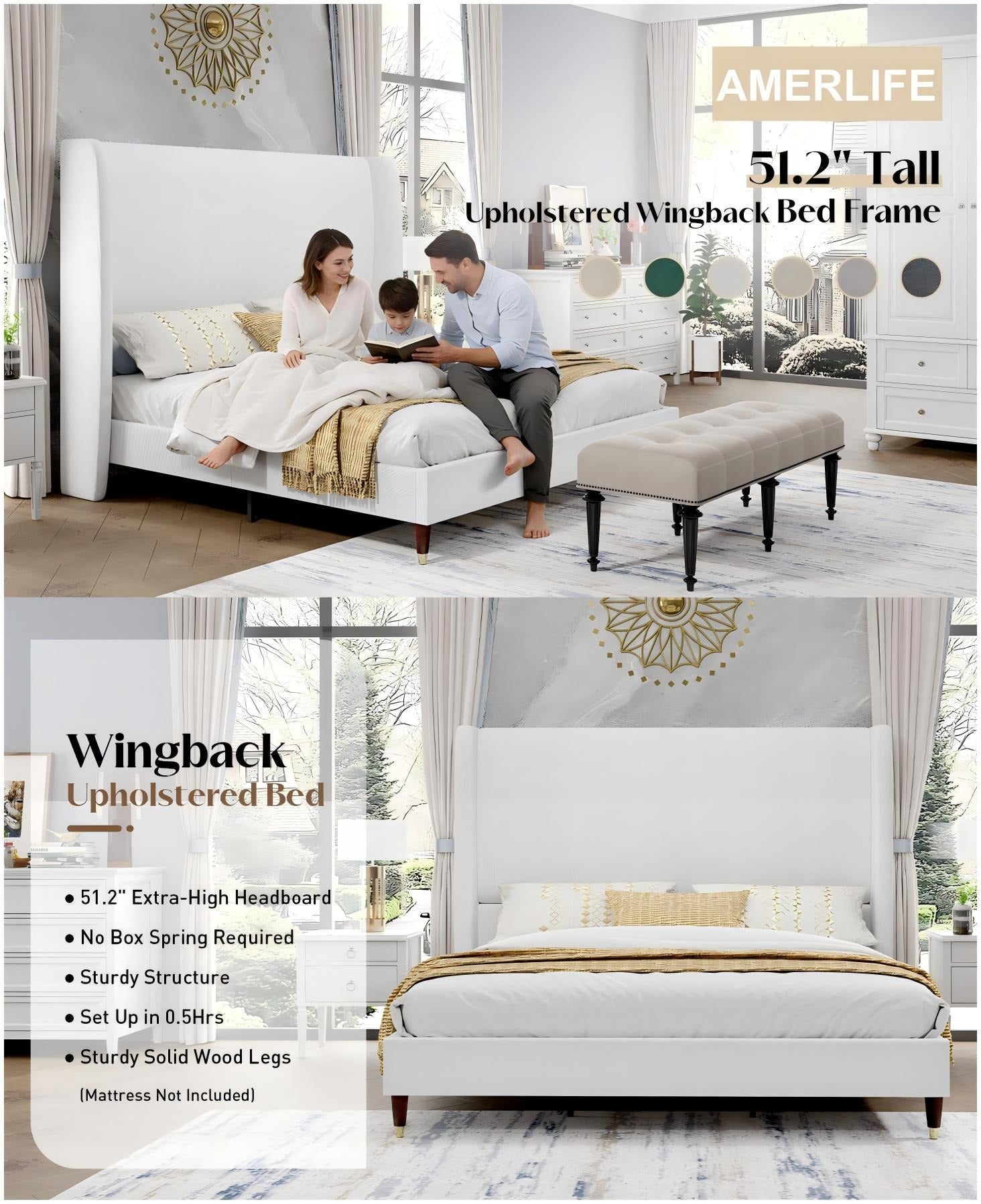 AMERLIFE Platform Bed Frame with 51.2" Tall Headboard, Upholstered Bed with Wingback/Solid Wood Legs/Durability&Silent /No Box Spring Required, Furniture/Full/Queen/King/Bed with Reinforced Structure&Complete Hardware Kit