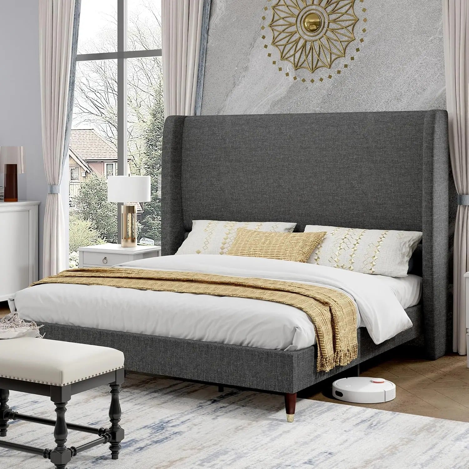 AMERLIFE Platform Bed Frame with 51.2" Tall Headboard, Upholstered Bed with Wingback/Solid Wood Legs/Durability&Silent /No Box Spring Required, Furniture/Full/Queen/King/Bed with Reinforced Structure&Complete Hardware Kit
