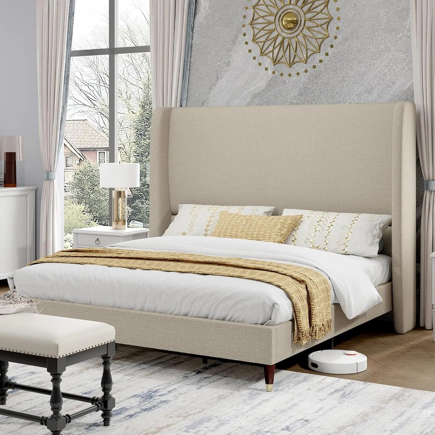 AMERLIFE Platform Bed Frame with 51.2" Tall Headboard, Upholstered Bed with Wingback/Solid Wood Legs/Durability&Silent /No Box Spring Required, Furniture/Full/Queen/King/Bed with Reinforced Structure&Complete Hardware Kit