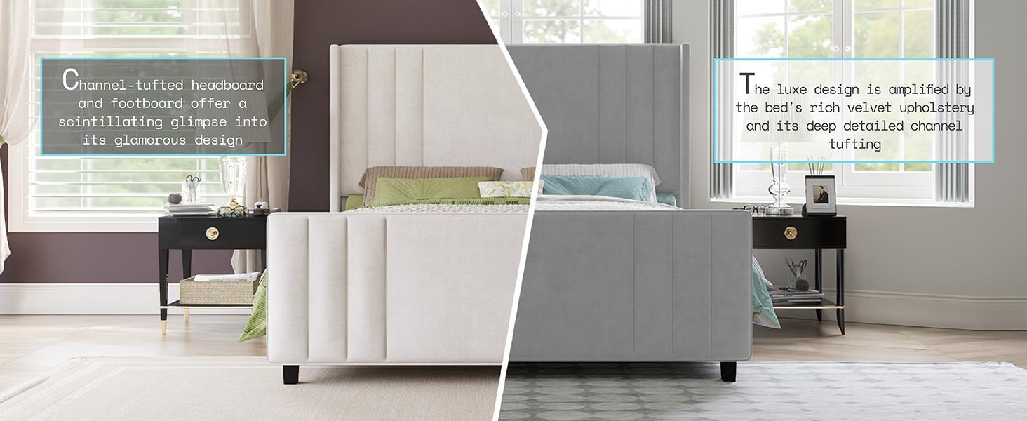 AMERLIFE Upholstered Bed with Vertical Channel Tufted Wingback Headboard & Footboard, Premium Velvet,No Box Spring Needed/Cool Furniture Bedroom/Queen/King Size/Best Gift Ideas/Christmas Gifts