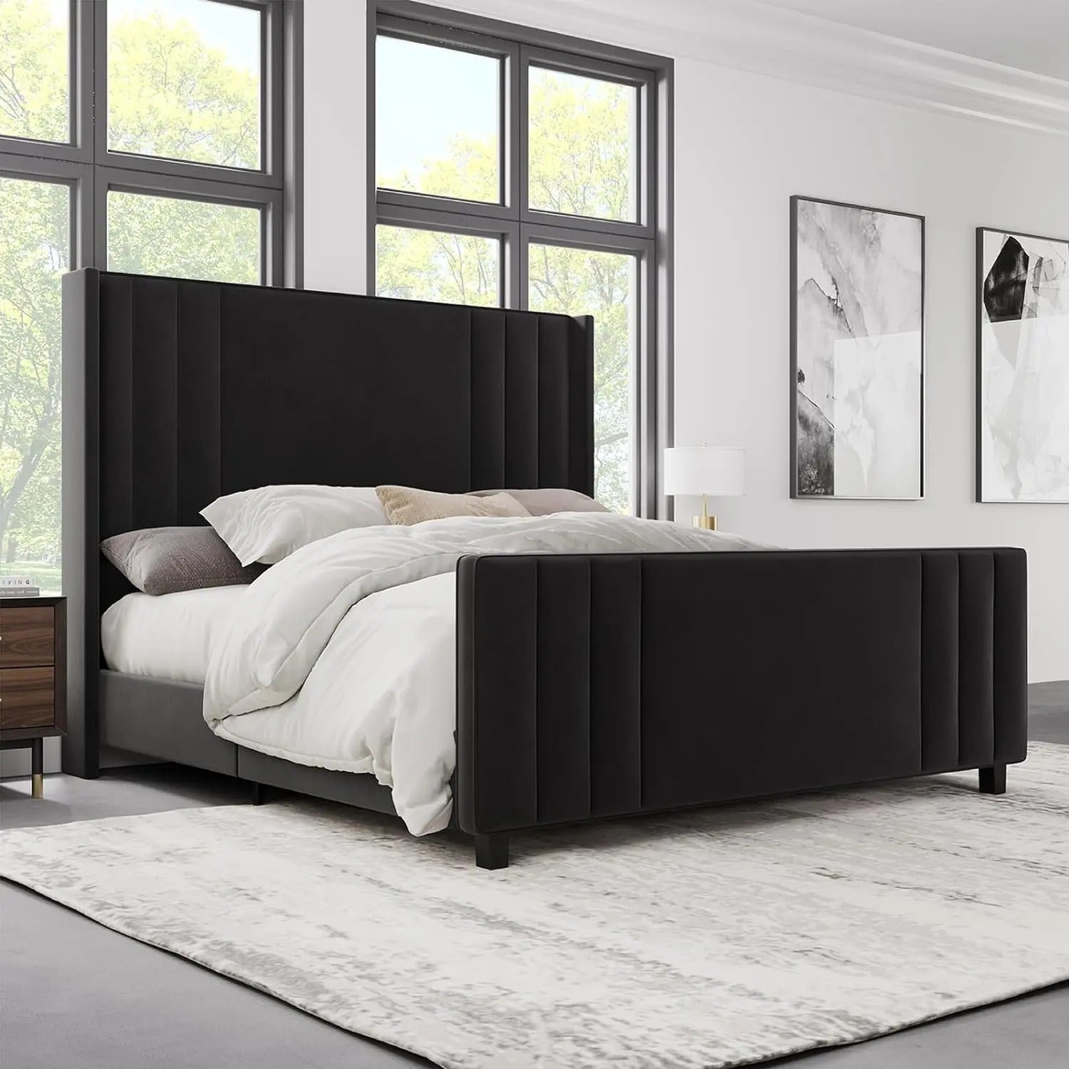 AMERLIFE Upholstered Bed with Vertical Channel Tufted Wingback Headboard & Footboard, Premium Velvet,No Box Spring Needed/Cool Furniture Bedroom/Queen/King Size/Best Gift Ideas/Christmas Gifts