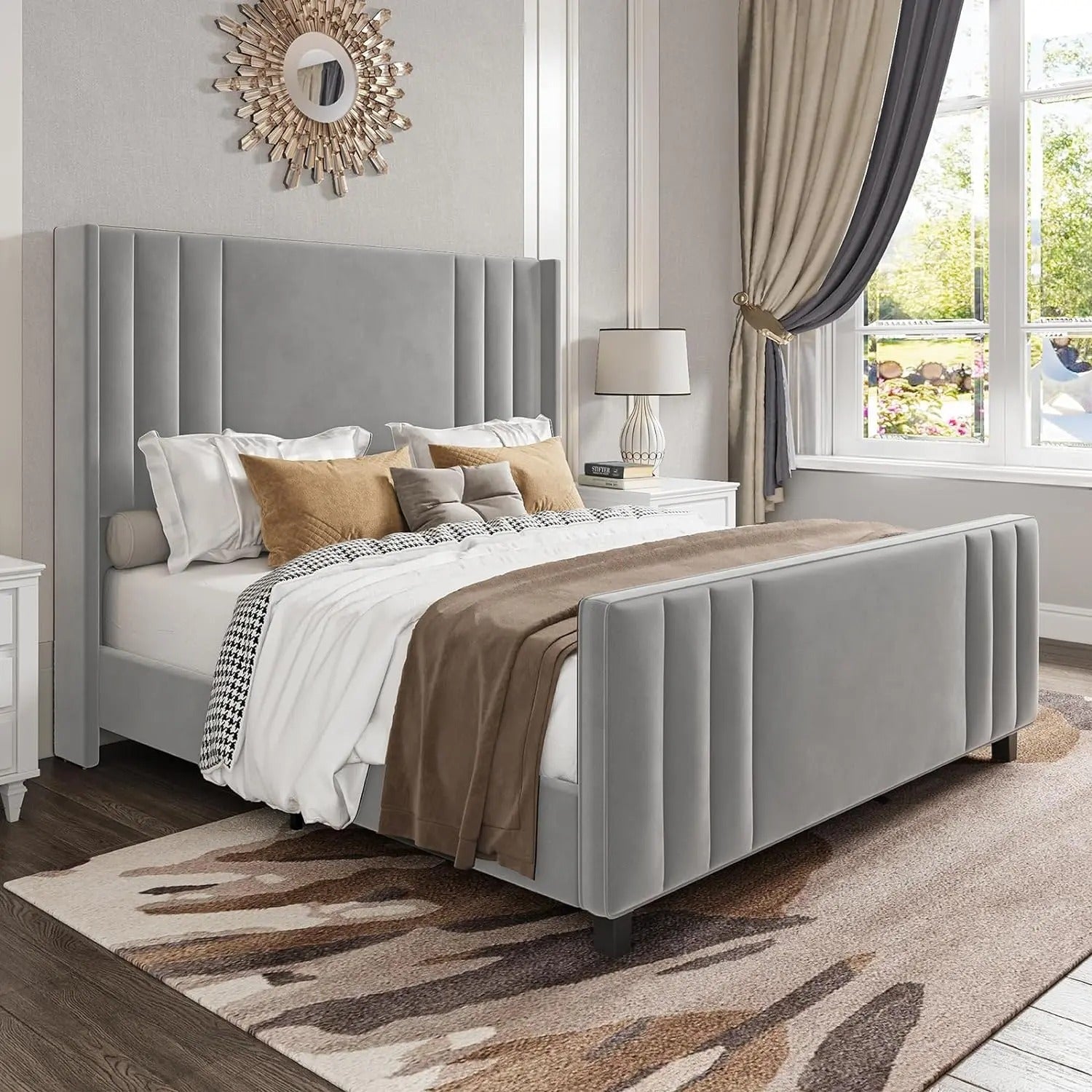 AMERLIFE Upholstered Bed with Vertical Channel Tufted Wingback Headboard & Footboard, Premium Velvet,No Box Spring Needed/Cool Furniture Bedroom/Queen/King Size/Best Gift Ideas/Christmas Gifts