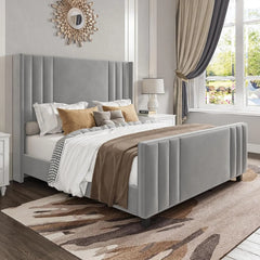 AMERLIFE Upholstered Bed with Vertical Channel Tufted Wingback Headboard & Footboard, Premium Velvet,No Box Spring Needed/Cool Furniture Bedroom/Queen/King Size/Best Gift Ideas/Christmas Gifts