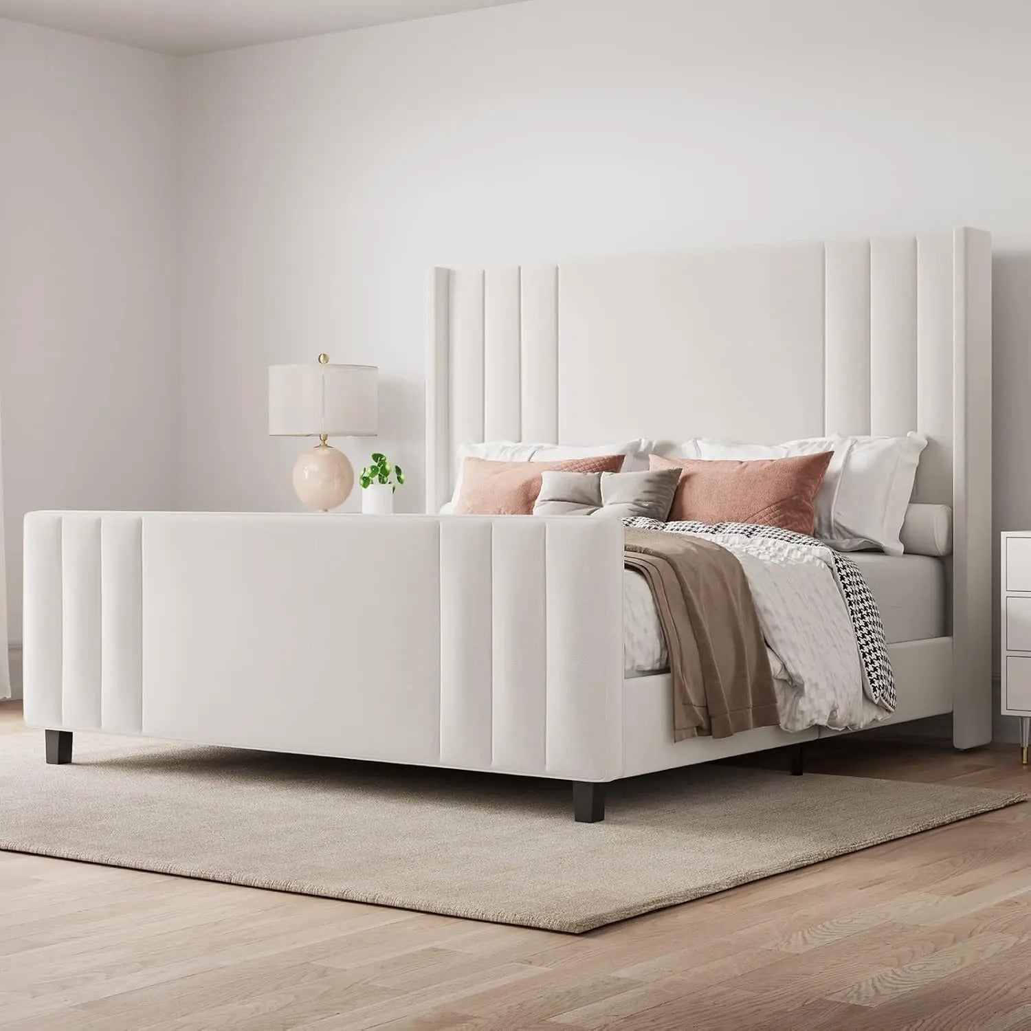 AMERLIFE Upholstered Bed with Vertical Channel Tufted Wingback Headboard & Footboard, Premium Velvet,No Box Spring Needed/Cool Furniture Bedroom/Queen/King Size/Best Gift Ideas/Christmas Gifts