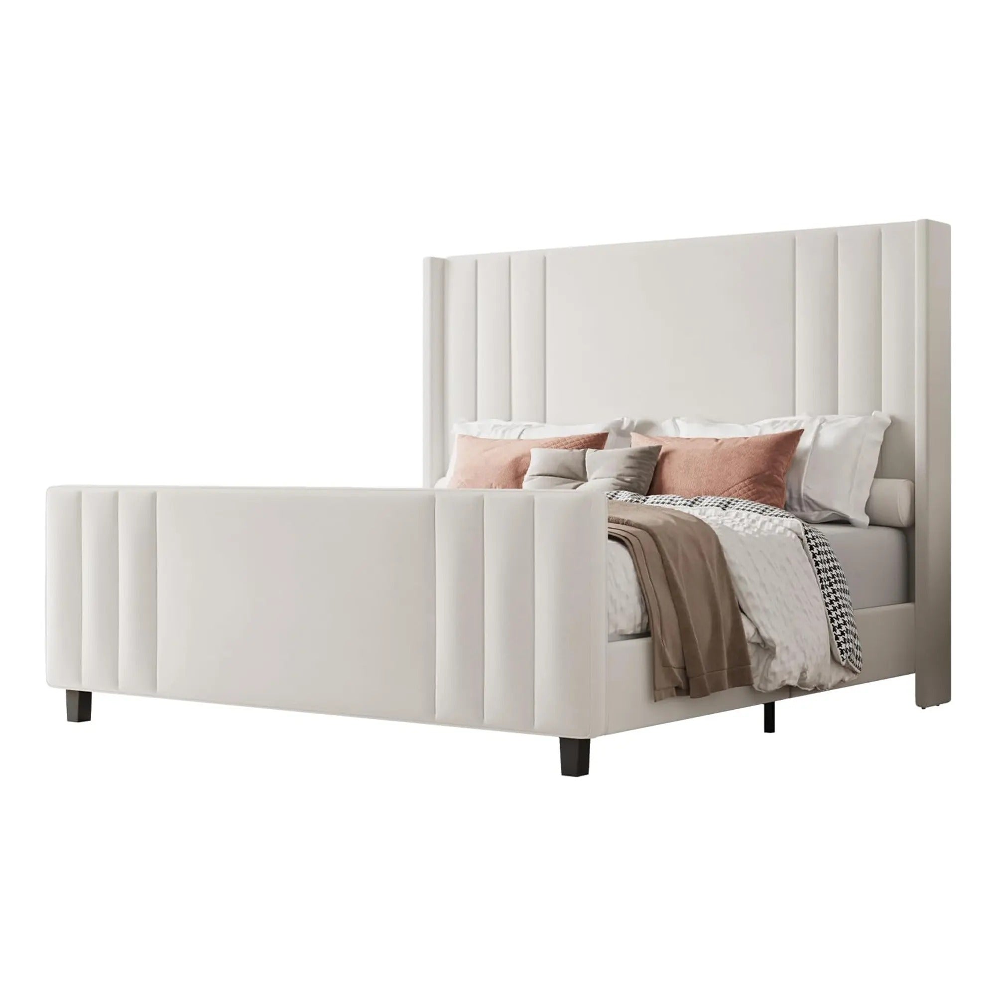 AMERLIFE Upholstered Bed with Vertical Channel Tufted Wingback Headboard & Footboard, Premium Velvet,No Box Spring Needed/Cool Furniture Bedroom/Queen/King Size/Best Gift Ideas/Christmas Gifts