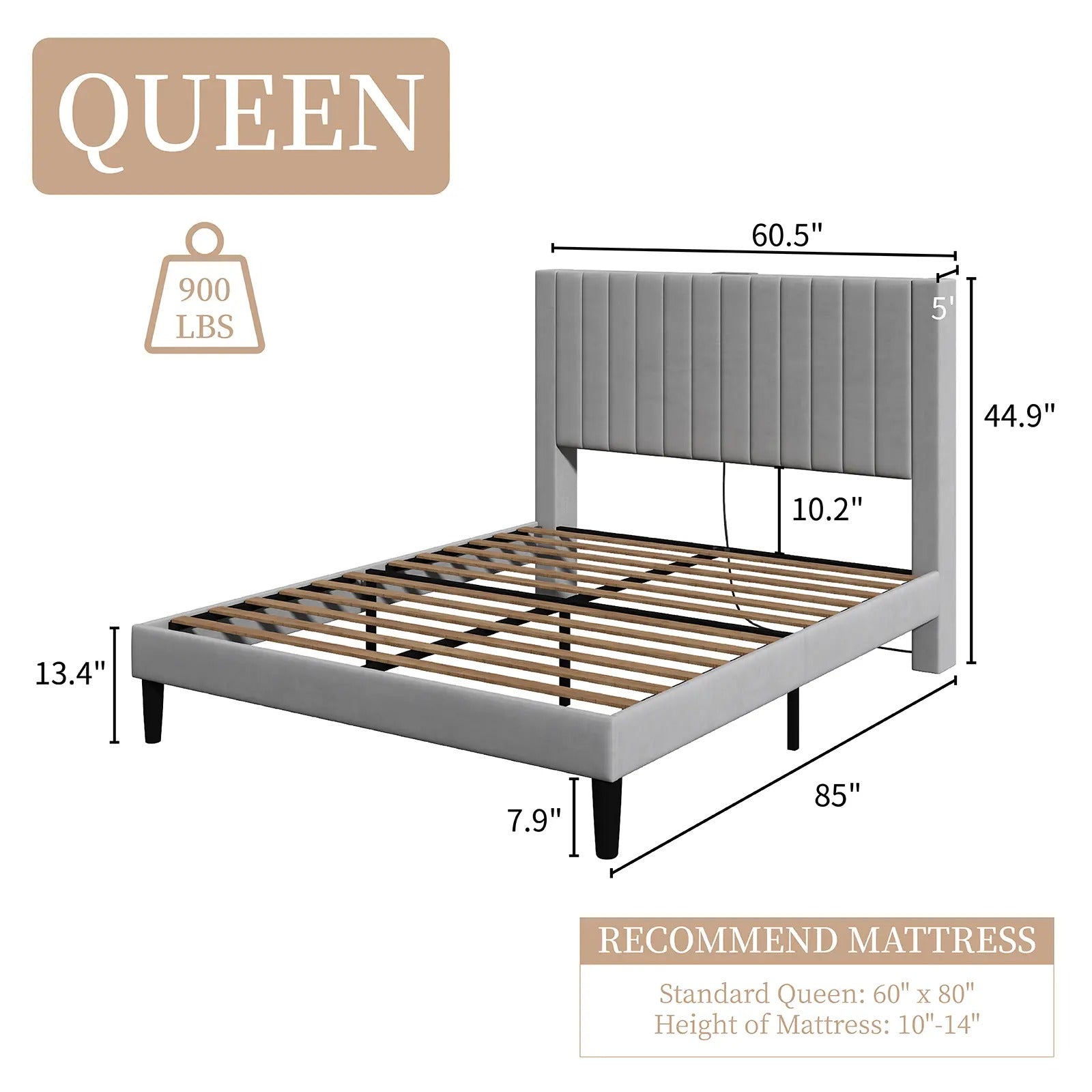 AMERLIFE Bed Frame with Velvet Upholstered Tufted Headboard and Charging Station, Modern Bed Kids, Interior Wooden Slats Support, Mattress Foundation/Stable & Durable/ Furniture Home Design/Full/Queen/King Size