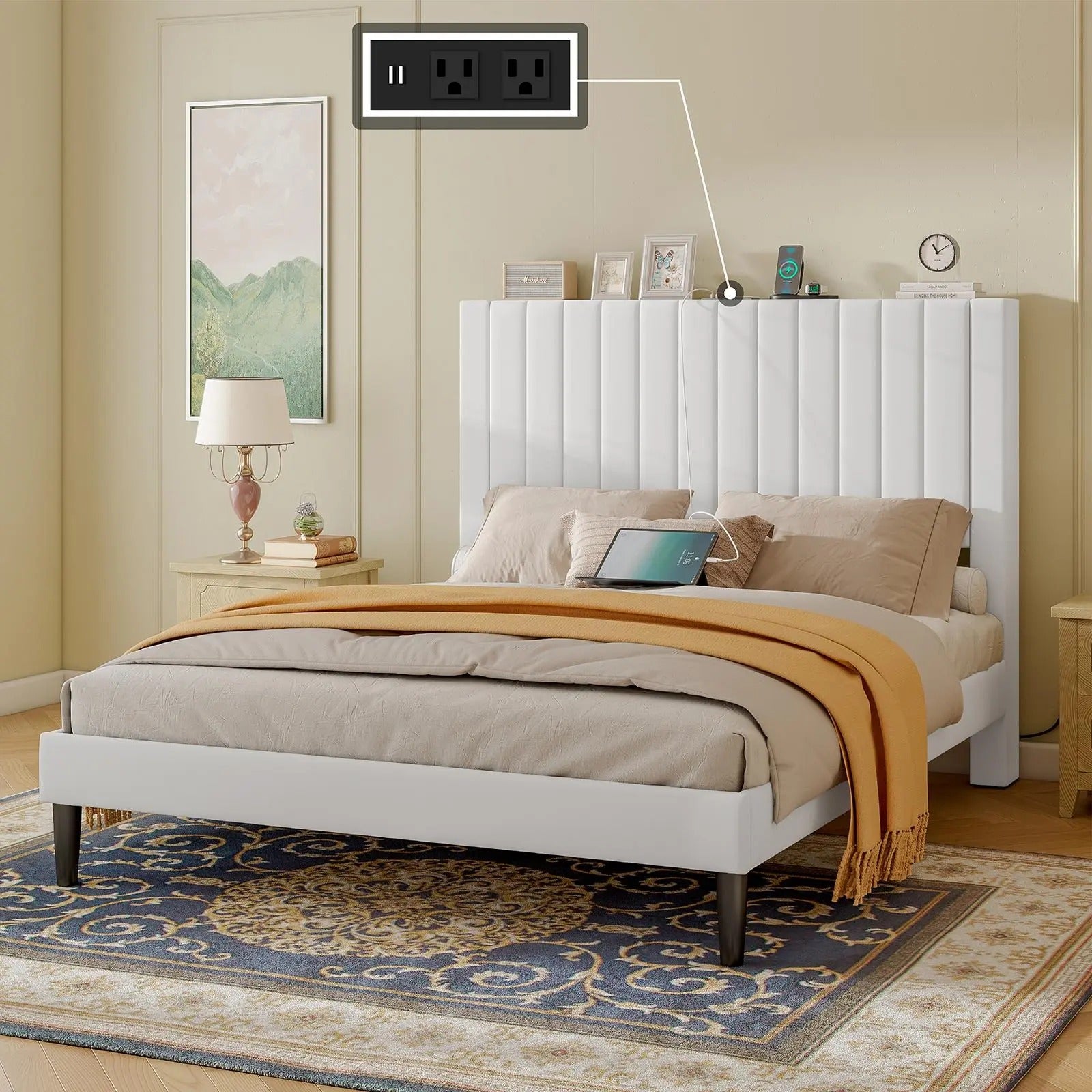 AMERLIFE Bed Frame with Velvet Upholstered Tufted Headboard and Charging Station, Modern Bed Kids, Interior Wooden Slats Support, Mattress Foundation/Stable & Durable/ Furniture Home Design/Full/Queen/King Size