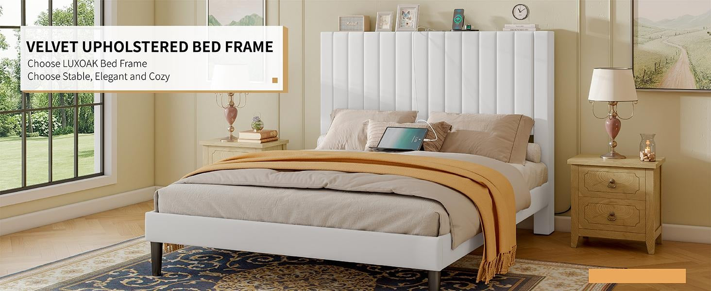 AMERLIFE Bed Frame with Velvet Upholstered Tufted Headboard and Charging Station, Modern Bed Kids, Interior Wooden Slats Support, Mattress Foundation/Stable & Durable/ Furniture Home Design/Full/Queen/King Size