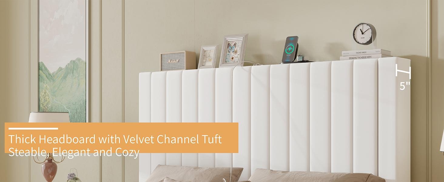 AMERLIFE Bed Frame with Velvet Upholstered Tufted Headboard and Charging Station, Modern Bed Kids, Interior Wooden Slats Support, Mattress Foundation/Stable & Durable/ Furniture Home Design/Full/Queen/King Size