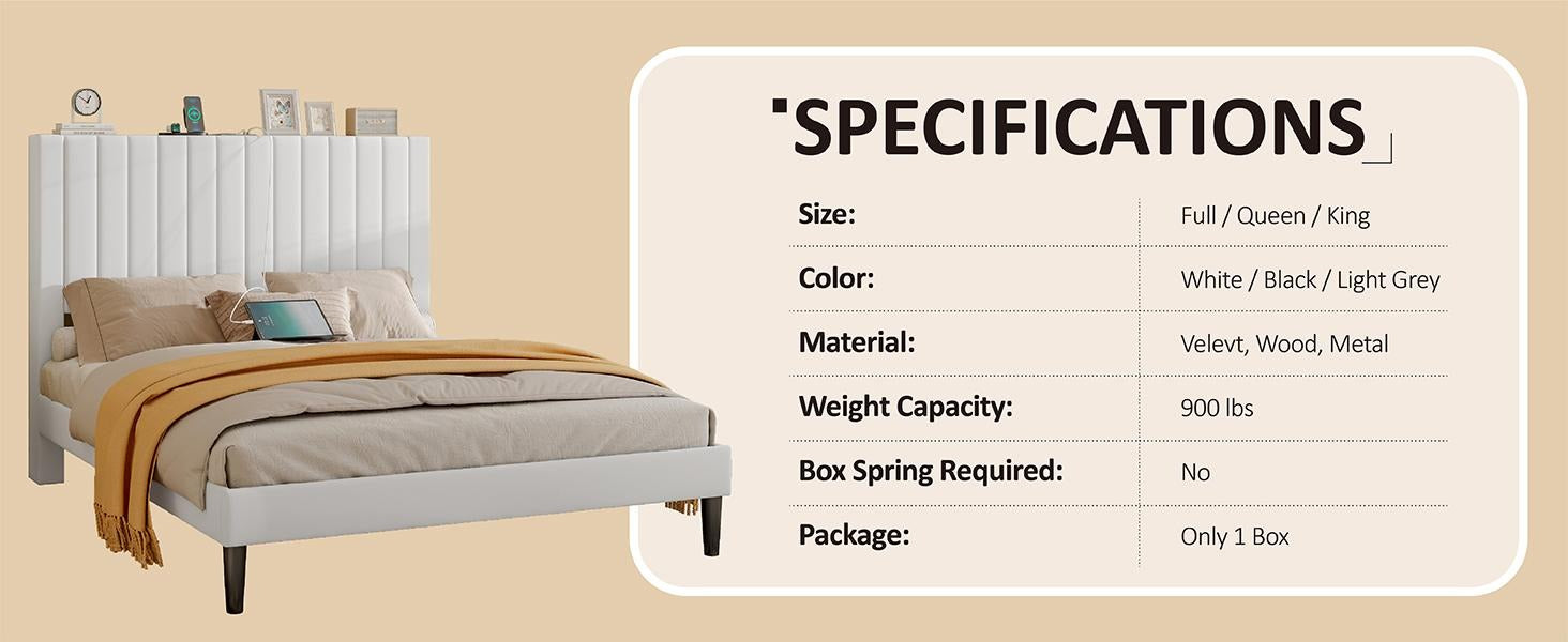 AMERLIFE Bed Frame with Velvet Upholstered Tufted Headboard and Charging Station, Modern Bed Kids, Interior Wooden Slats Support, Mattress Foundation/Stable & Durable/ Furniture Home Design/Full/Queen/King Size