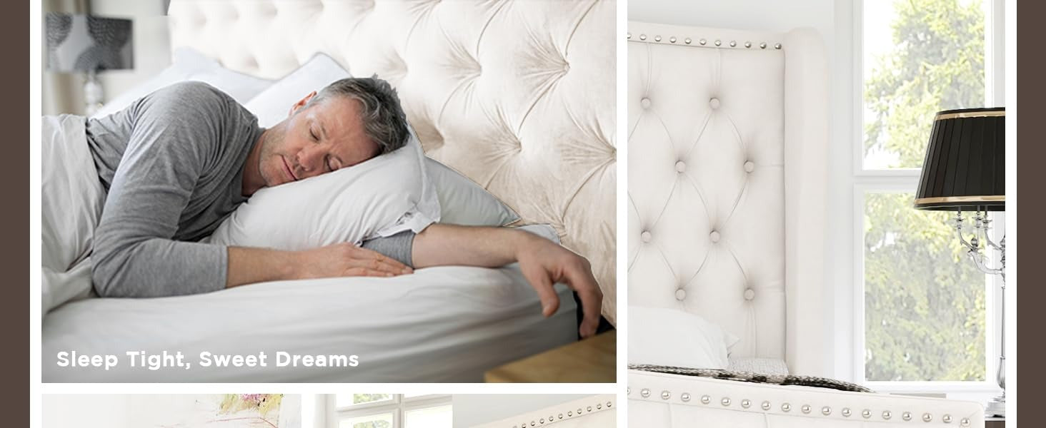 AMERLIFE Platform Bed Frame, Upholstered Bed with Deep Button Tufted & Nailhead Trim Wingback Headboard/Hardwood Slats/Durability&Sturdy/No Box Spring Needed/Queen/King/California King Size/Best Gift Ideas/Christmas Gifts
