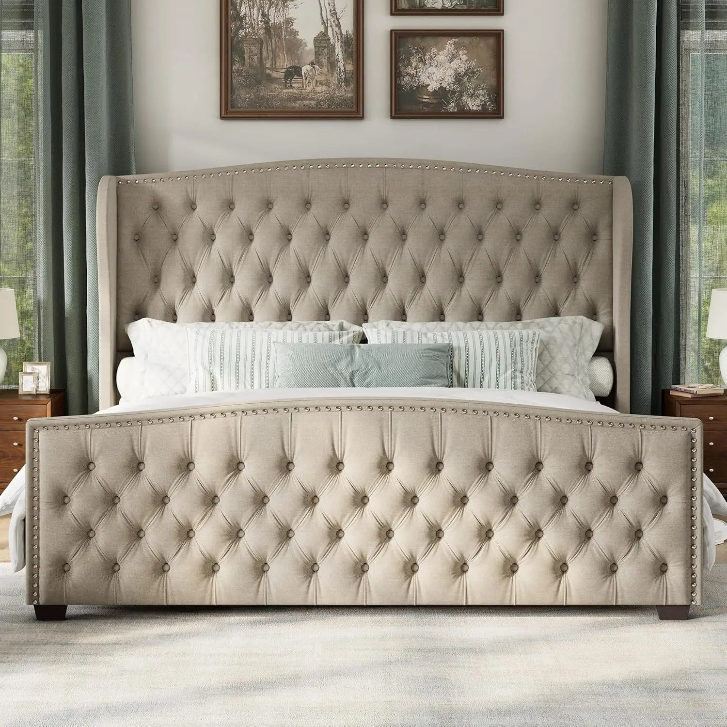AMERLIFE Platform Bed Frame, Upholstered Bed with Deep Button Tufted & Nailhead Trim Wingback Headboard/Hardwood Slats/Durability&Sturdy/No Box Spring Needed/Queen/King/California King Size/Best Gift Ideas/Christmas Gifts