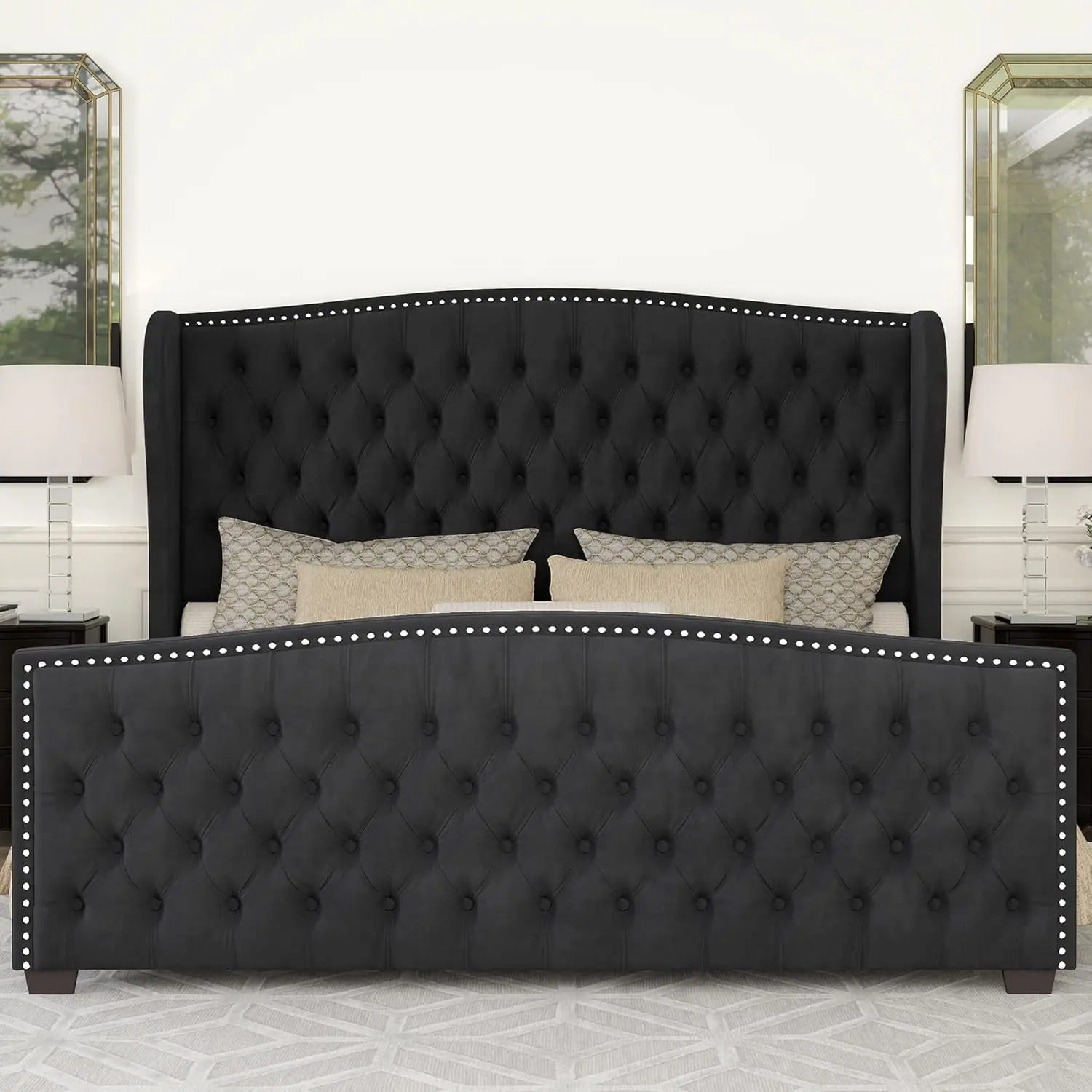 AMERLIFE Platform Bed Frame, Upholstered Bed with Deep Button Tufted & Nailhead Trim Wingback Headboard/Hardwood Slats/Durability&Sturdy/No Box Spring Needed/Queen/King/California King Size/Best Gift Ideas/Christmas Gifts