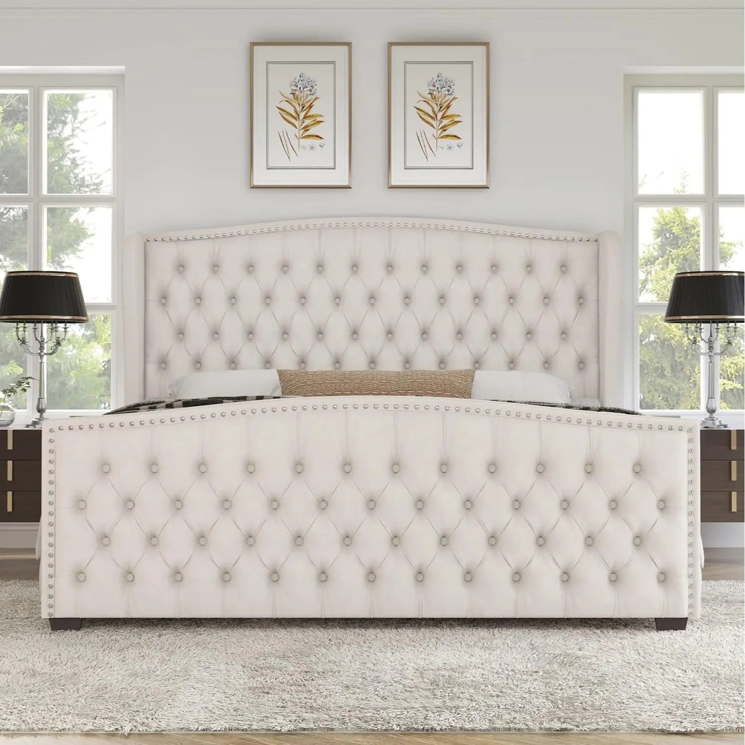 AMERLIFE Platform Bed Frame, Upholstered Bed with Deep Button Tufted & Nailhead Trim Wingback Headboard/Hardwood Slats/Durability&Sturdy/No Box Spring Needed/Queen/King/California King Size/Best Gift Ideas/Christmas Gifts