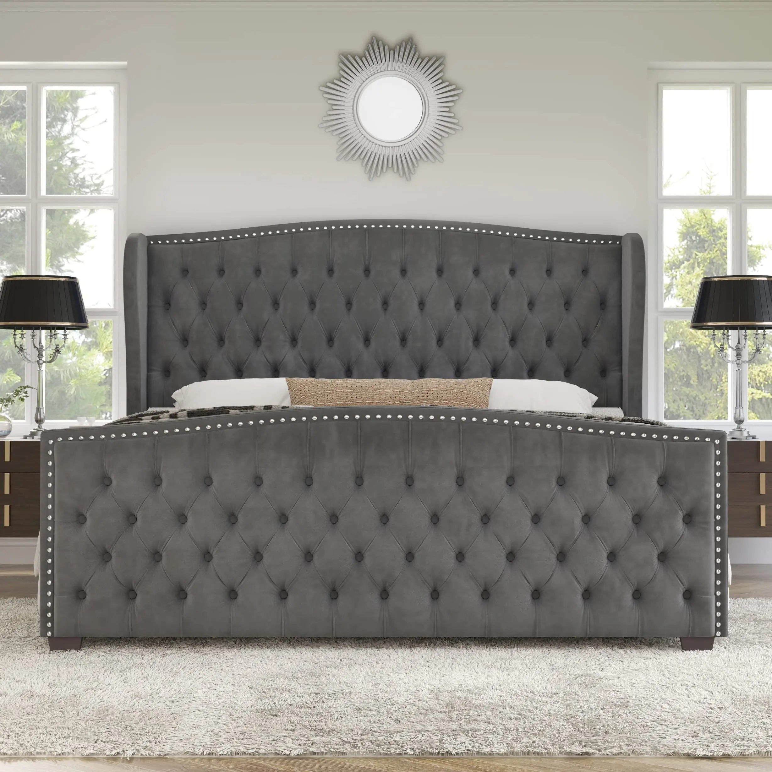 AMERLIFE Platform Bed Frame, Upholstered Bed with Deep Button Tufted & Nailhead Trim Wingback Headboard/Hardwood Slats/Durability&Sturdy/No Box Spring Needed/Queen/King/California King Size/Best Gift Ideas/Christmas Gifts