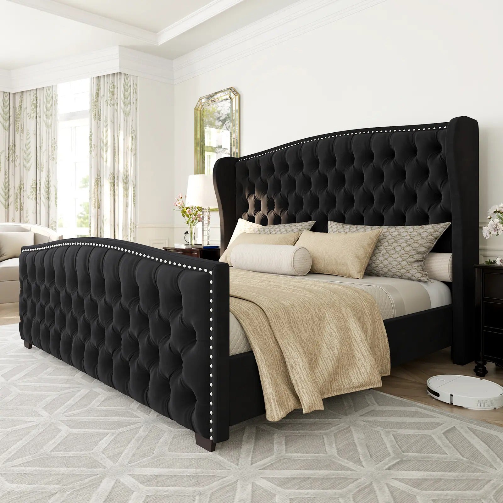 AMERLIFE Platform Bed Frame, Upholstered Bed with Deep Button Tufted & Nailhead Trim Wingback Headboard/Hardwood Slats/Durability&Sturdy/No Box Spring Needed/Queen/King/California King Size/Best Gift Ideas/Christmas Gifts
