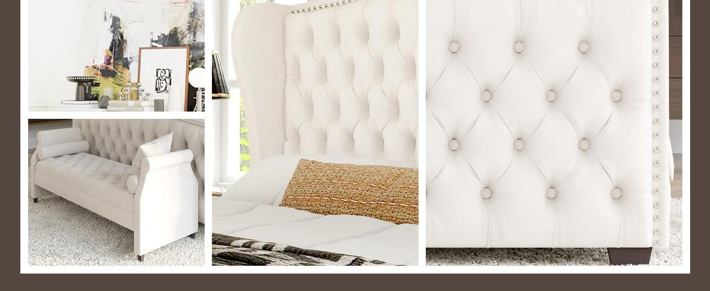AMERLIFE Platform Bed Frame, Upholstered Bed with Deep Button Tufted & Nailhead Trim Wingback Headboard/Hardwood Slats/Durability&Sturdy/No Box Spring Needed/Queen/King/California King Size/Best Gift Ideas/Christmas Gifts
