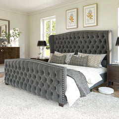AMERLIFE Platform Bed Frame, Upholstered Bed with Deep Button Tufted & Nailhead Trim Wingback Headboard/Hardwood Slats/Durability&Sturdy/No Box Spring Needed/Queen/King/California King Size/Best Gift Ideas/Christmas Gifts