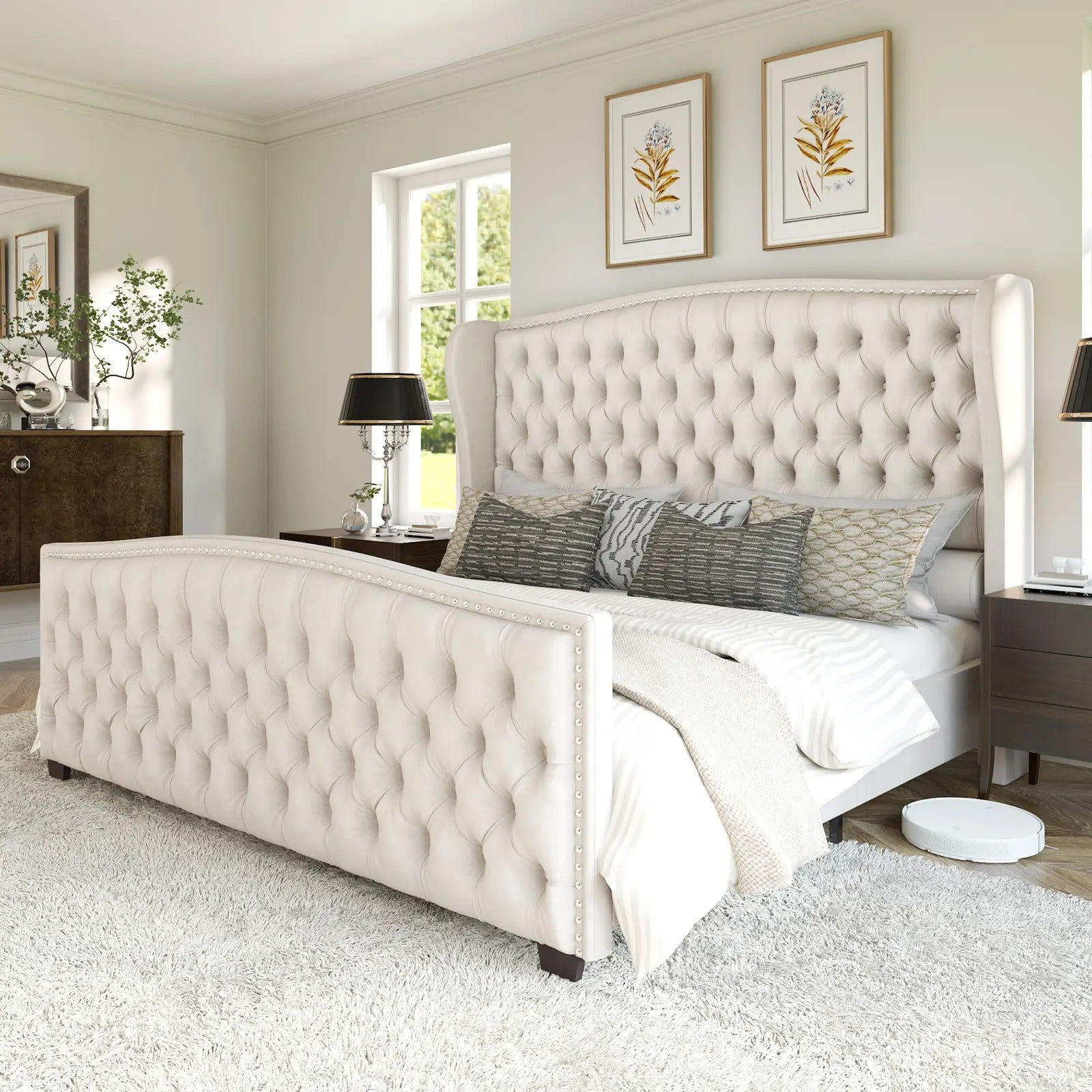 AMERLIFE Platform Bed Frame, Upholstered Bed with Deep Button Tufted & Nailhead Trim Wingback Headboard/Hardwood Slats/Durability&Sturdy/No Box Spring Needed/Queen/King/California King Size/Best Gift Ideas/Christmas Gifts