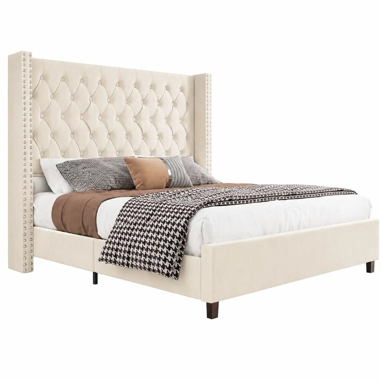 AMERLIFE 61.4" Tall Bed Frame, Modern Upholstered Bed, Wingback Headboard, Velvet Tufted Handcrafted Pleat Deep Button/Comfort Luxury Design/Interior Wood Slats/No Box Spring Needed, Queen/King Size/Christmas Gifts