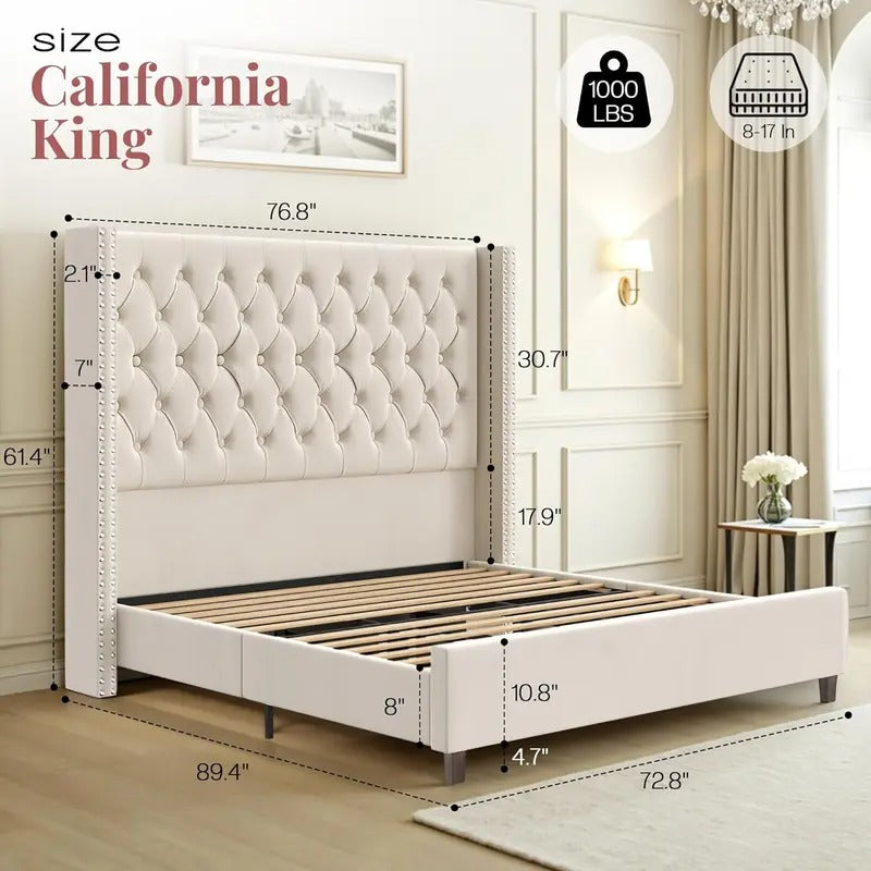 AMERLIFE 61.4" Tall Bed Frame, Modern Upholstered Bed, Wingback Headboard, Velvet Tufted Handcrafted Pleat Deep Button/Comfort Luxury Design/Interior Wood Slats/No Box Spring Needed, Queen/King Size/Christmas Gifts