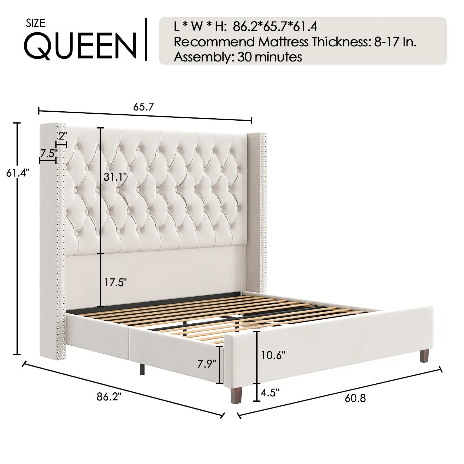 AMERLIFE 61.4" Tall Bed Frame, Modern Upholstered Bed, Wingback Headboard, Velvet Tufted Handcrafted Pleat Deep Button/Comfort Luxury Design/Interior Wood Slats/No Box Spring Needed, Queen/King Size/Christmas Gifts