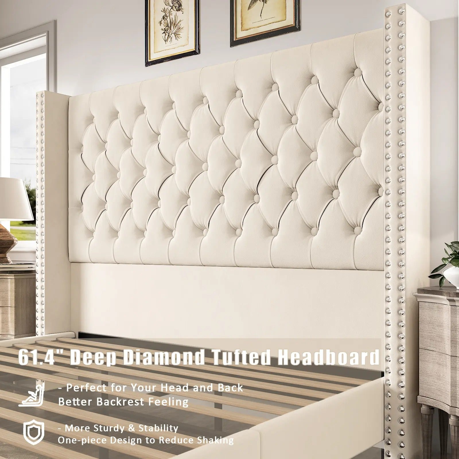 AMERLIFE 61.4" Tall Bed Frame, Modern Upholstered Bed, Wingback Headboard, Velvet Tufted Handcrafted Pleat Deep Button/Comfort Luxury Design/Interior Wood Slats/No Box Spring Needed, Queen/King Size/Christmas Gifts
