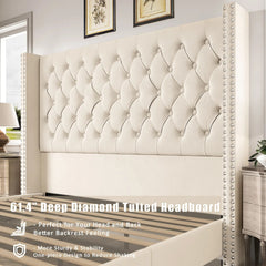 AMERLIFE 61.4" Tall Bed Frame, Modern Upholstered Bed, Wingback Headboard, Velvet Tufted Handcrafted Pleat Deep Button/Comfort Luxury Design/Interior Wood Slats/No Box Spring Needed, Queen/King Size/Christmas Gifts